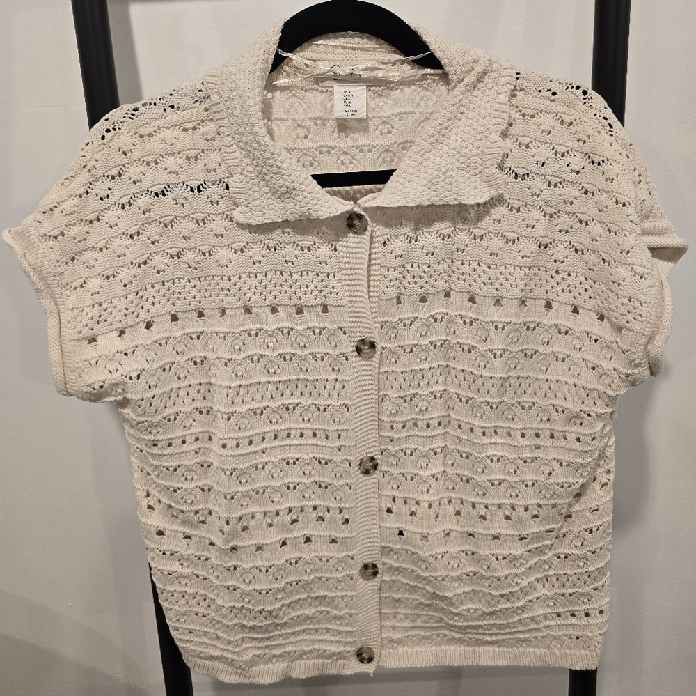 Jessica Simpson Openwork Cream Knit Button Cardigan